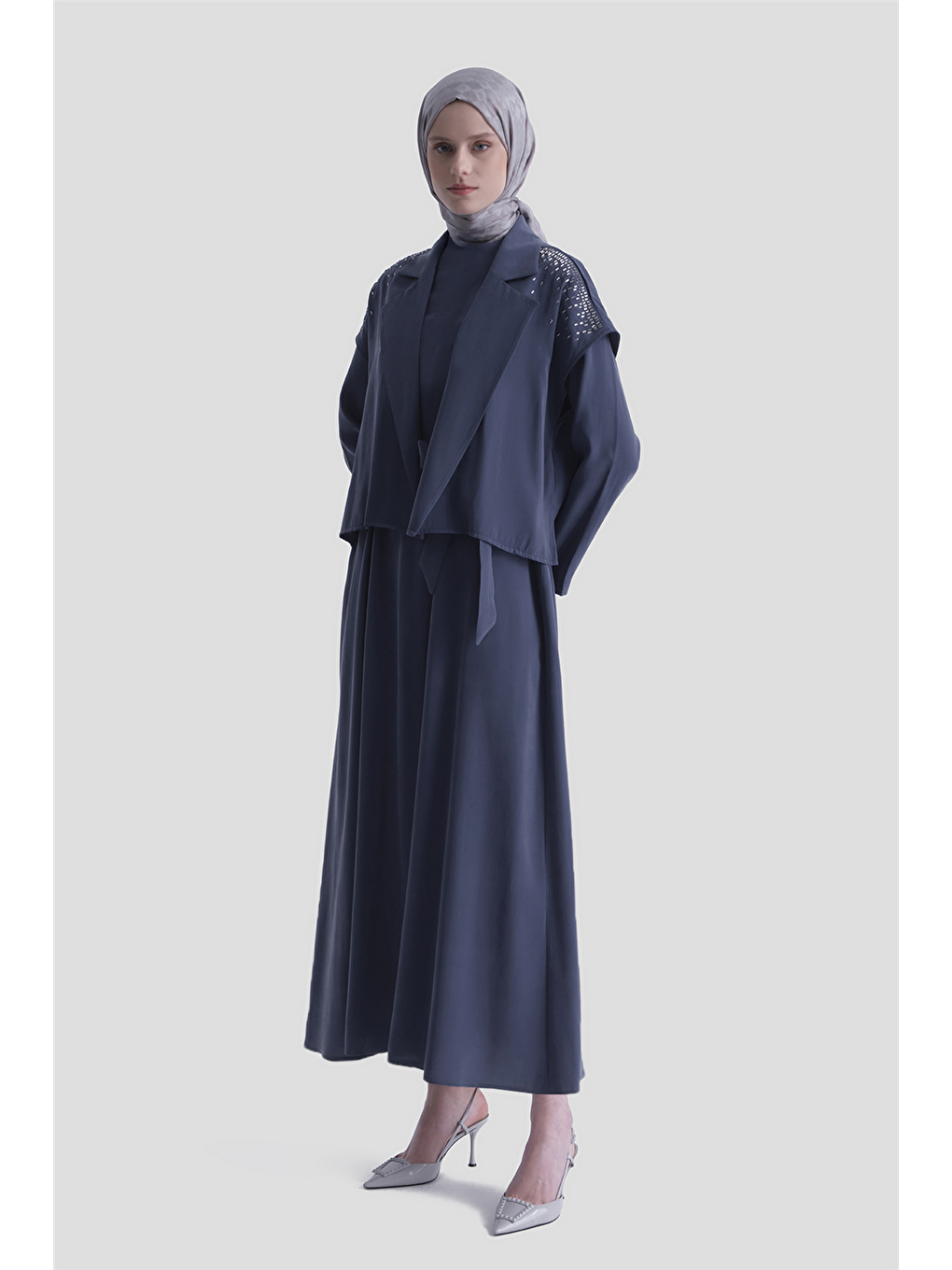 Taş İşlemeli Yelekli Takım Lacivert-1