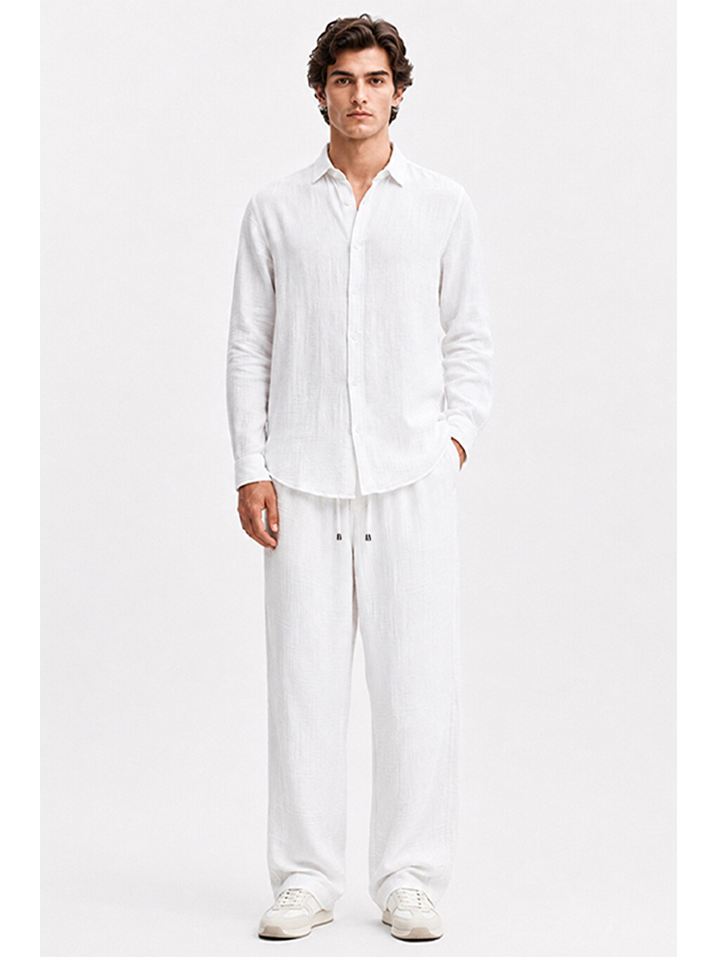 Erkek Beyaz Regular Fit Müslin Pantolon-6