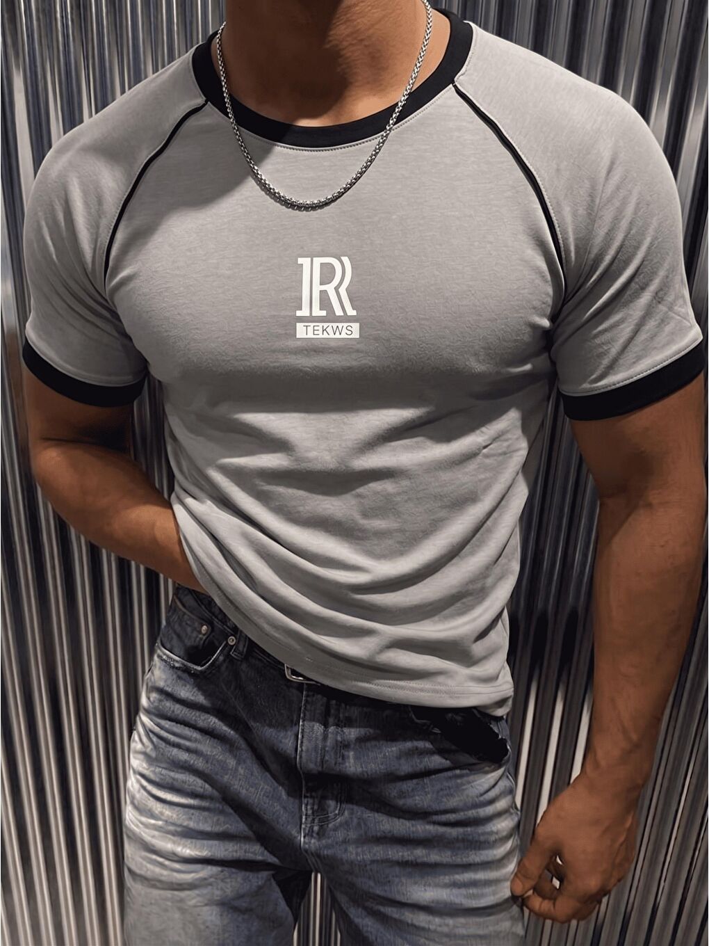 Gri JR TEKWS Baskılı Scuba Elastanlı Muscle Fit Bisiklet Yaka Tişört