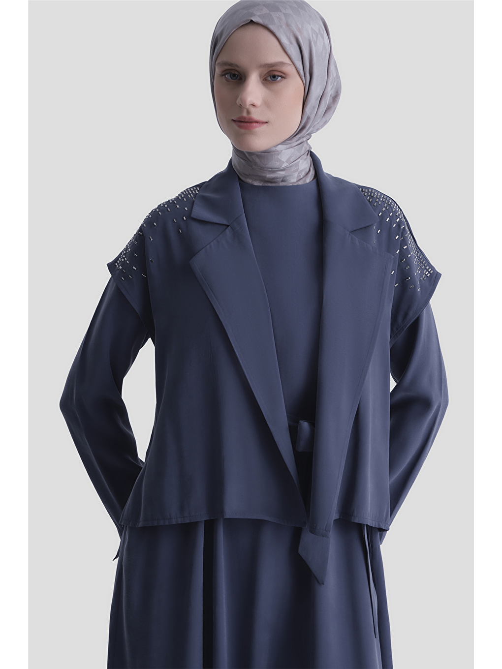 Taş İşlemeli Yelekli Takım Lacivert-2