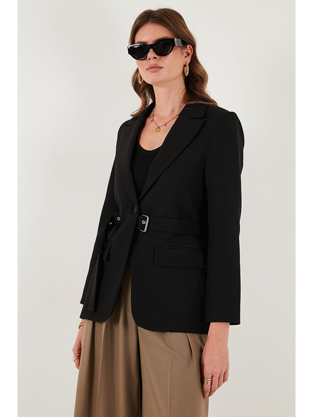 Siyah Regular Fit Kruvaze Yaka Kemerli Blazer Ceket 6839367-5