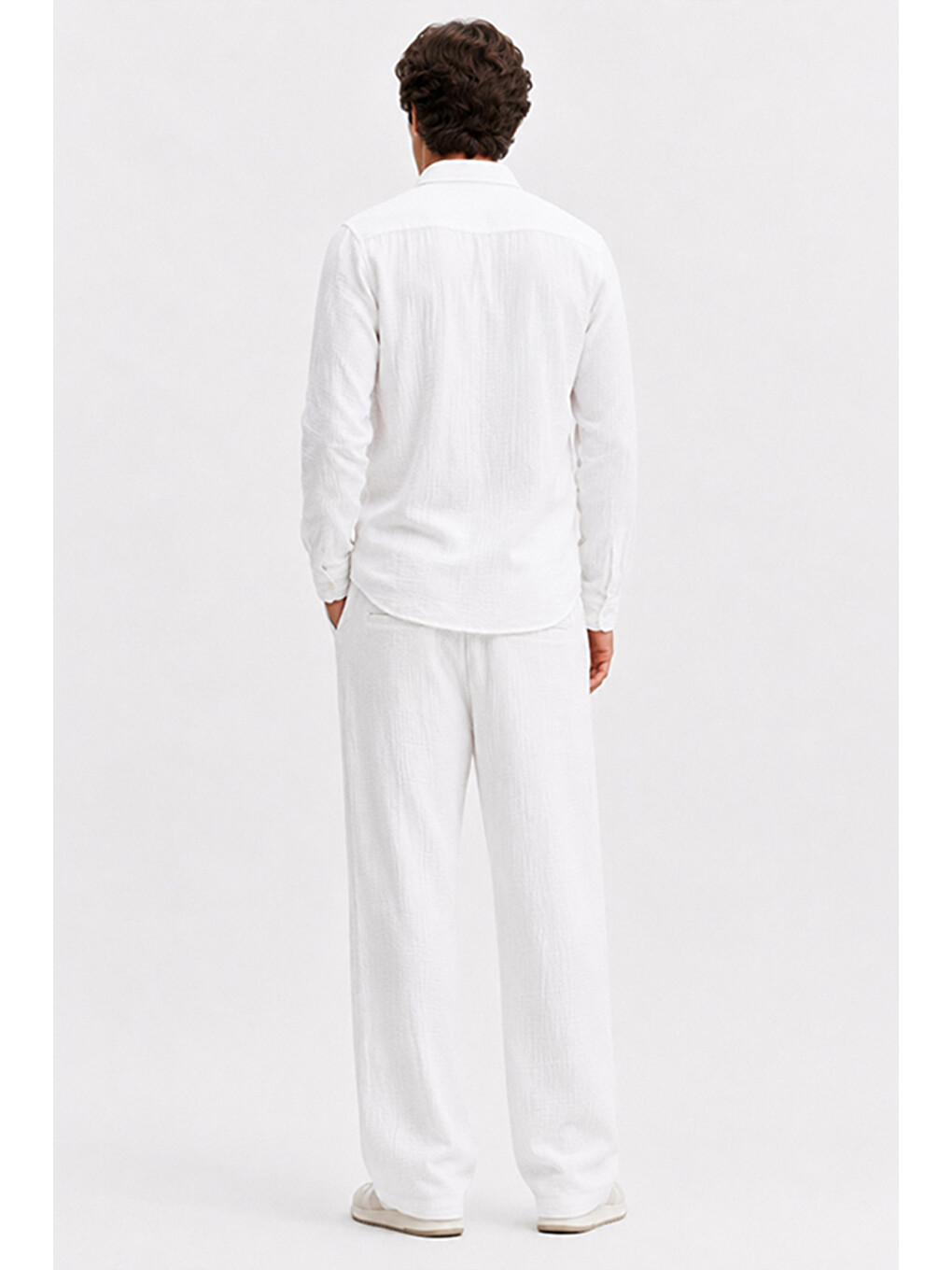 Erkek Beyaz Regular Fit Müslin Pantolon-7