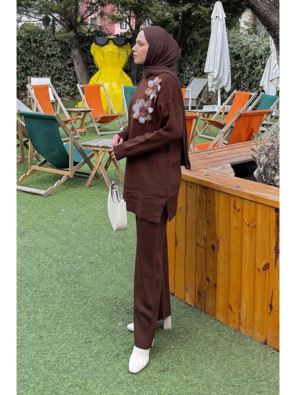 Aksesuarlı Triko Takım Acı Kahverengi-1