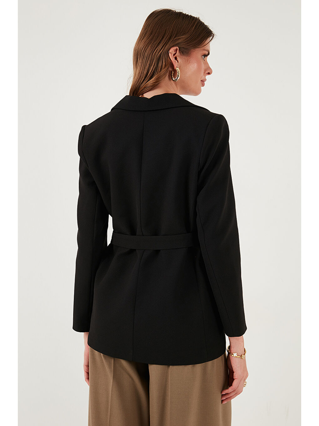 Siyah Regular Fit Kruvaze Yaka Kemerli Blazer Ceket 6839367-6