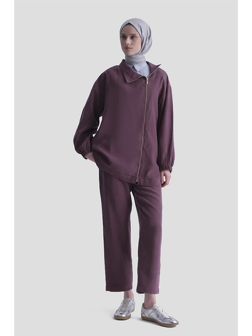 Fermuar Detaylı Lyocell Takım Bordo-1