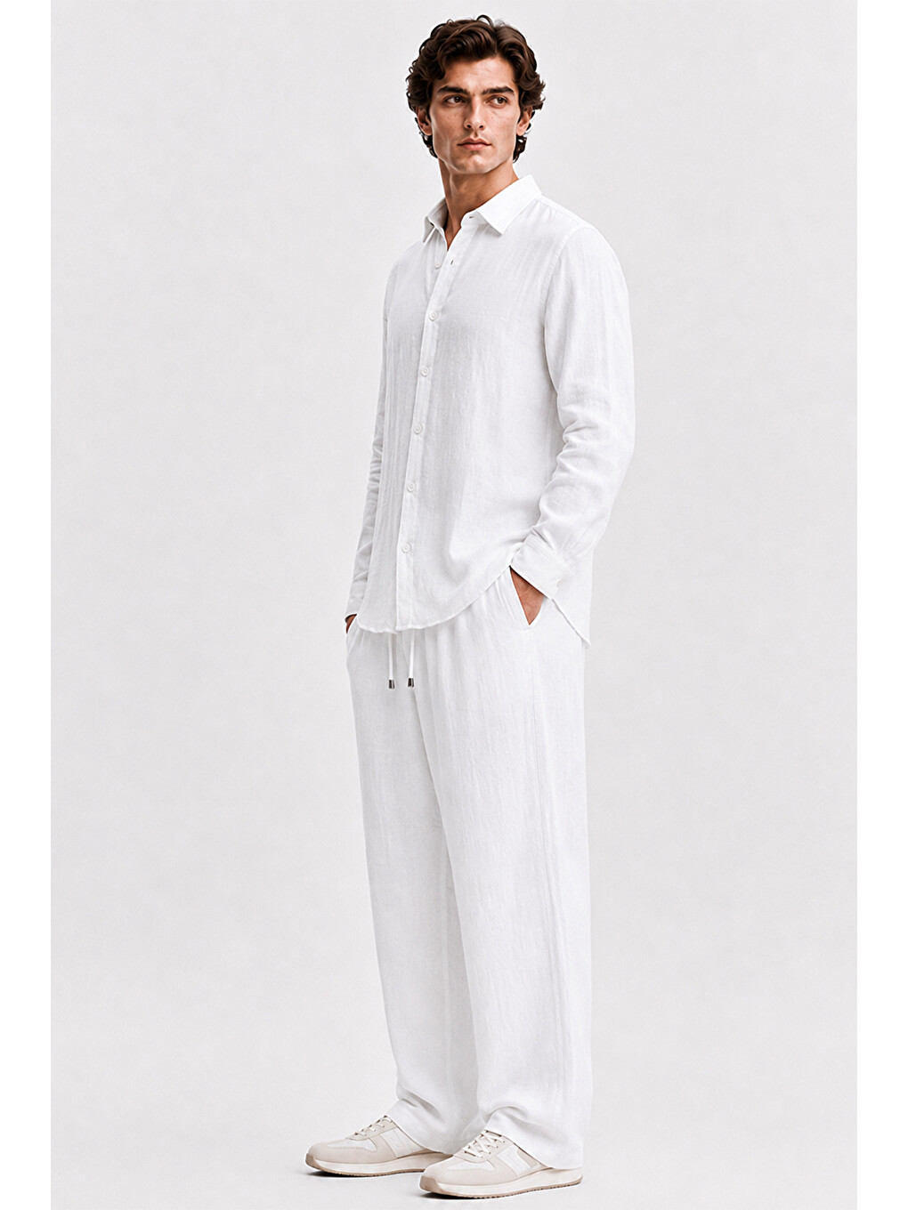 Erkek Beyaz Regular Fit Müslin Pantolon-8