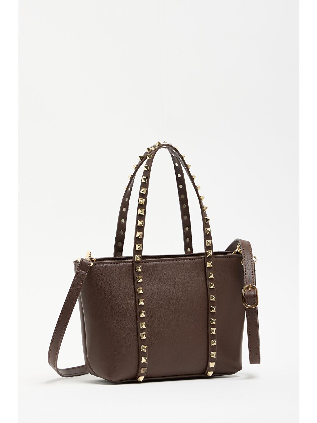 Kahverengi Kadın Küçük Boy Zımba Detaylı Pu Deri Tokalı El Ve Omuz Çantası-1