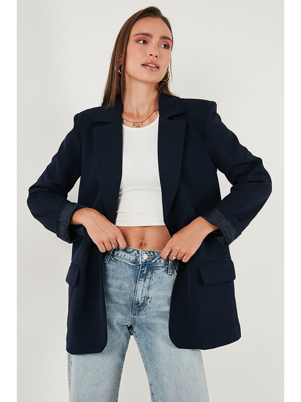 Lacivert Relaxed Fit Mono Yaka Cepli Blazer Ceket 611BC00132-1