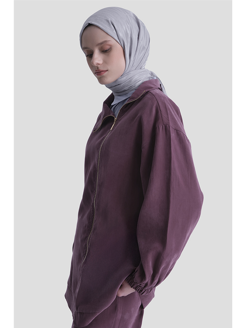 Fermuar Detaylı Lyocell Takım Bordo-2