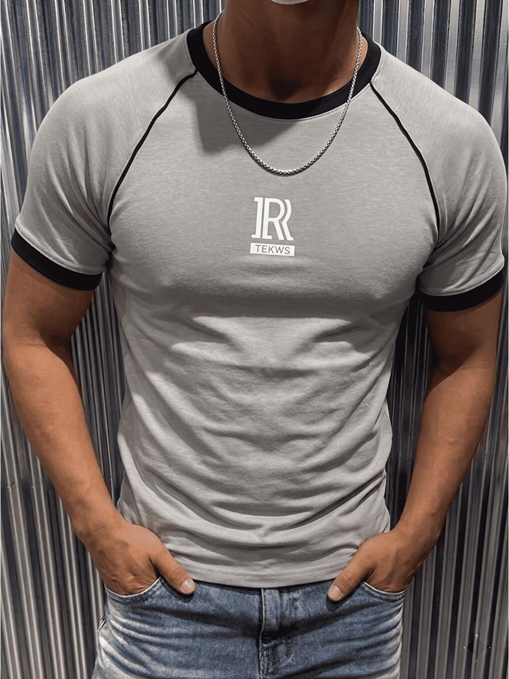 Gri JR TEKWS Baskılı Scuba Elastanlı Muscle Fit Bisiklet Yaka Tişört-1
