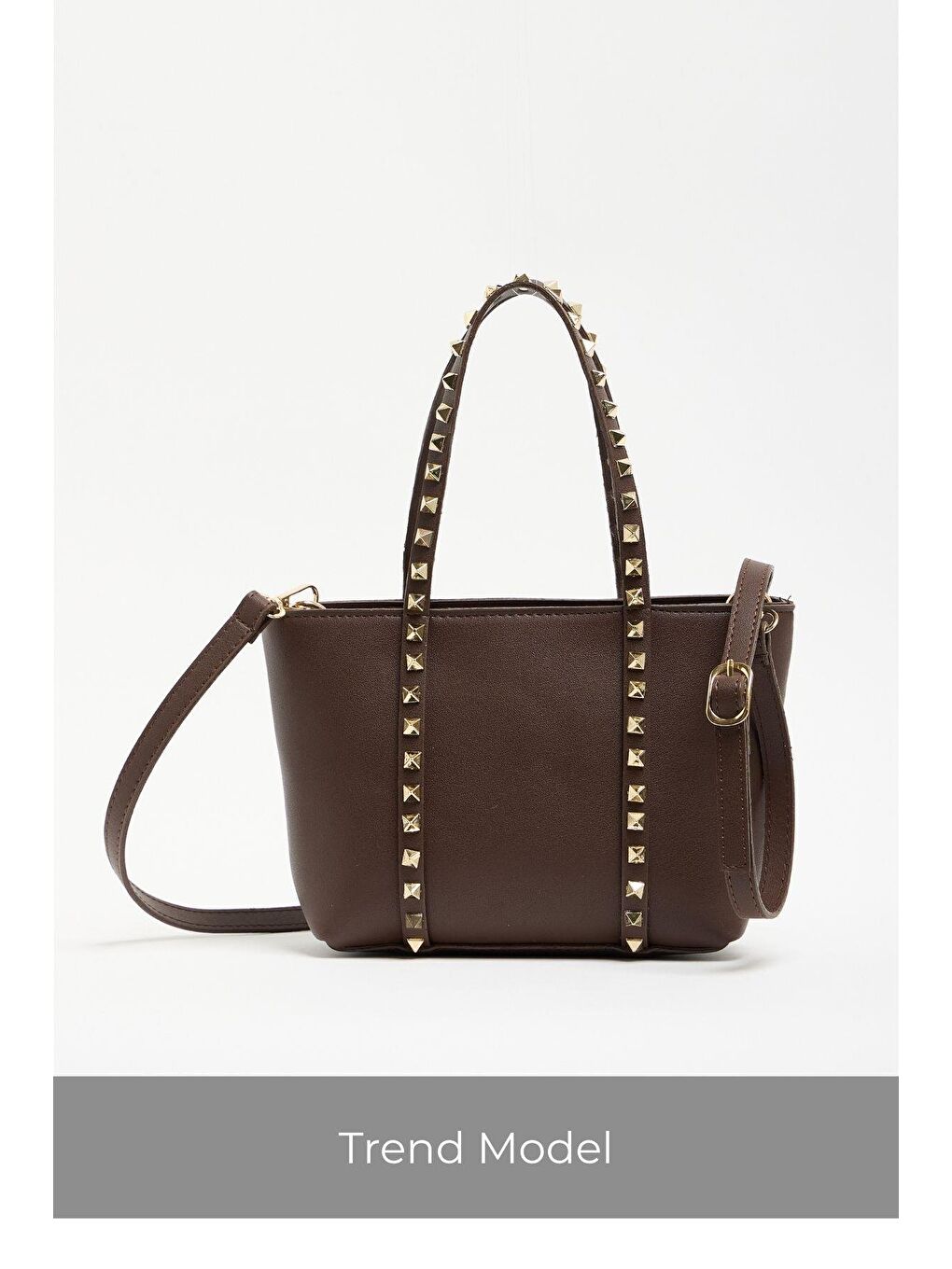 Kahverengi Kadın Küçük Boy Zımba Detaylı Pu Deri Tokalı El Ve Omuz Çantası-2