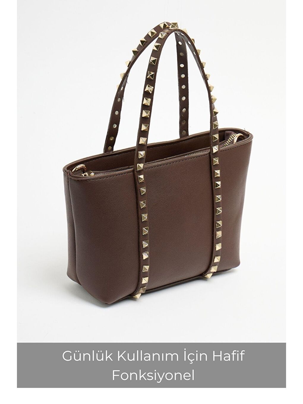 Kahverengi Kadın Küçük Boy Zımba Detaylı Pu Deri Tokalı El Ve Omuz Çantası-3