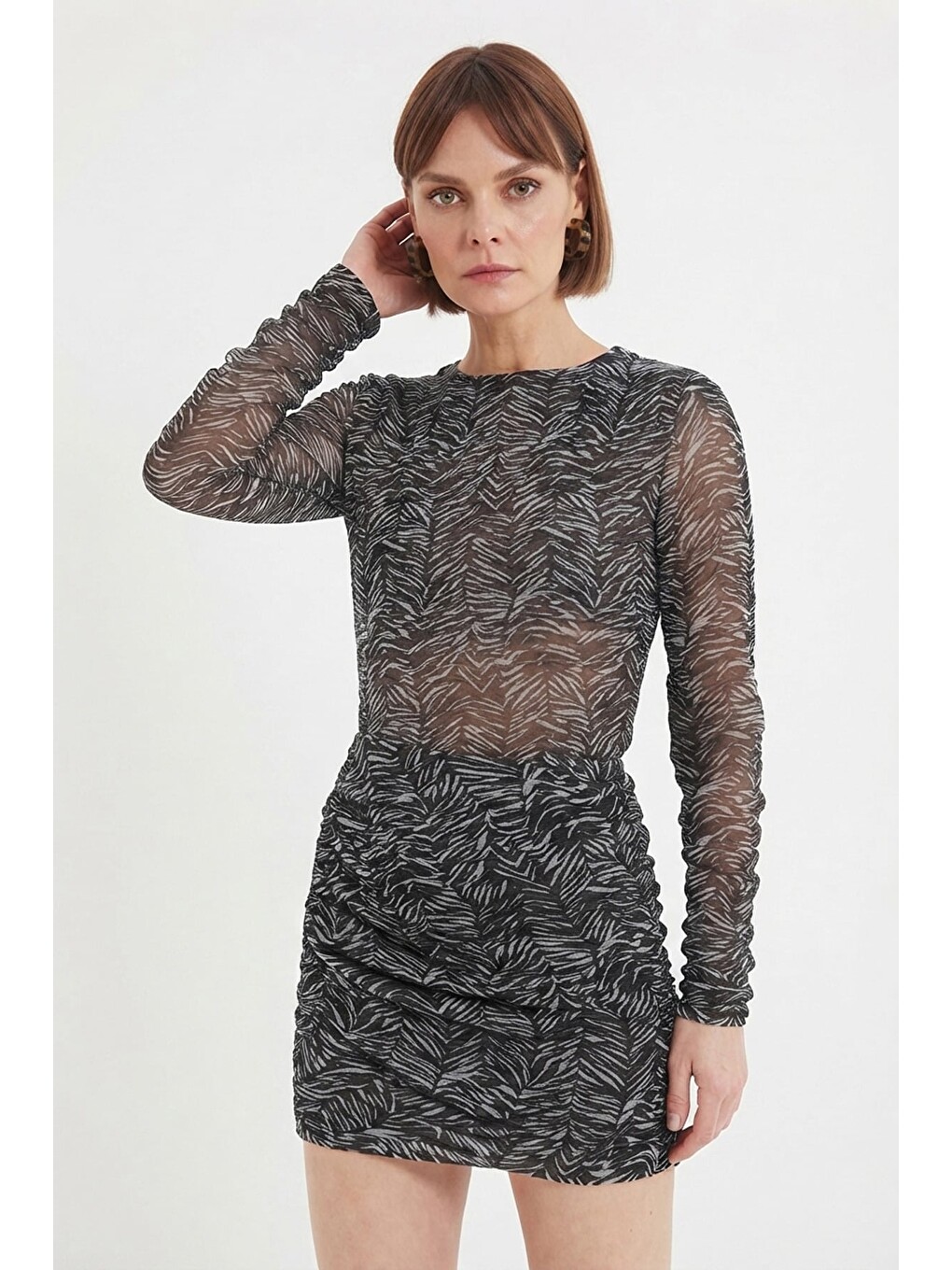 Siyah Zebra Desenli Şifon Mini Elbise-1