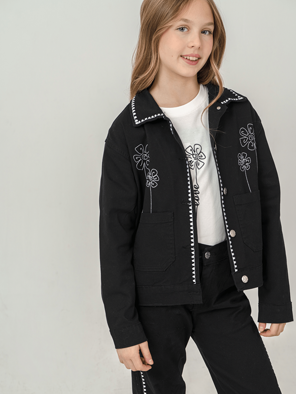 Siyah Pamuklu Ceket Pantolon Tişörtlü Kız Çocuk 3lü Jean Takım-1