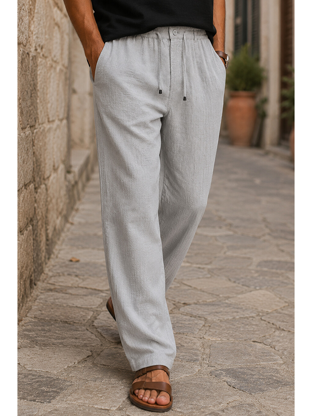 Erkek Gri Regular Fit Müslin Pantolon-1