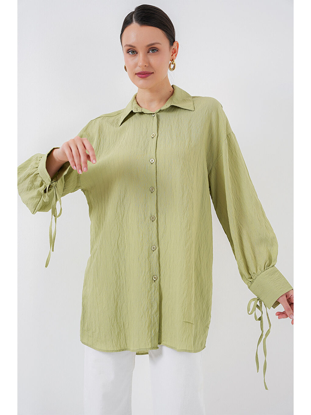 Kadın Oversize Bağcıklı Gömlek 5954 - E.Yeşil