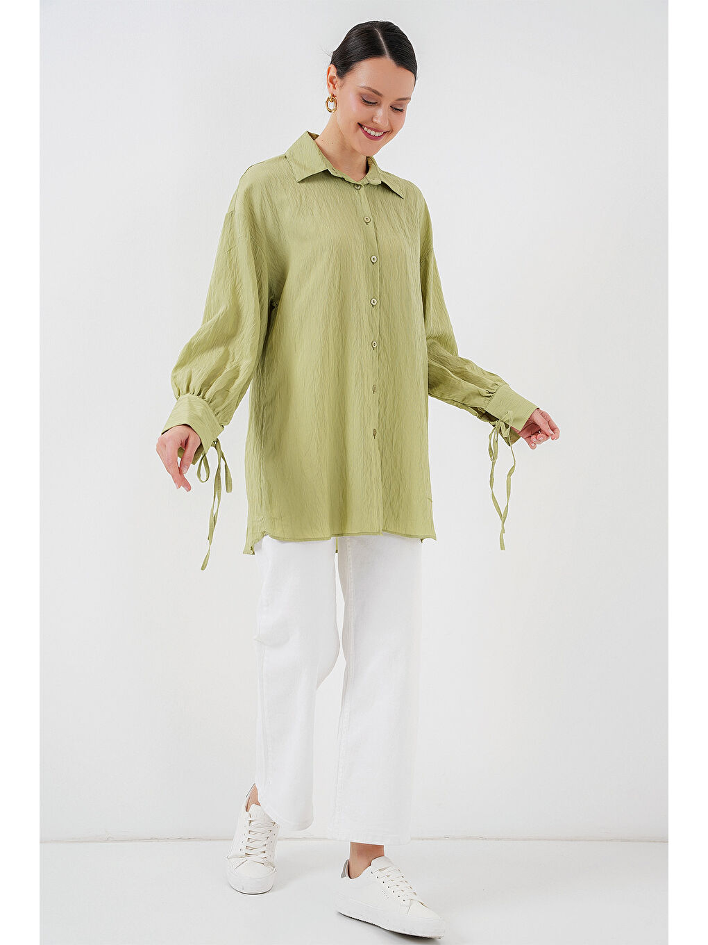 Kadın Oversize Bağcıklı Gömlek 5954 - E.Yeşil-1