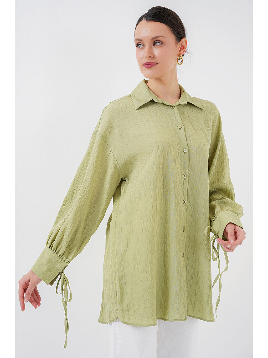 Kadın Oversize Bağcıklı Gömlek 5954 - E.Yeşil-2