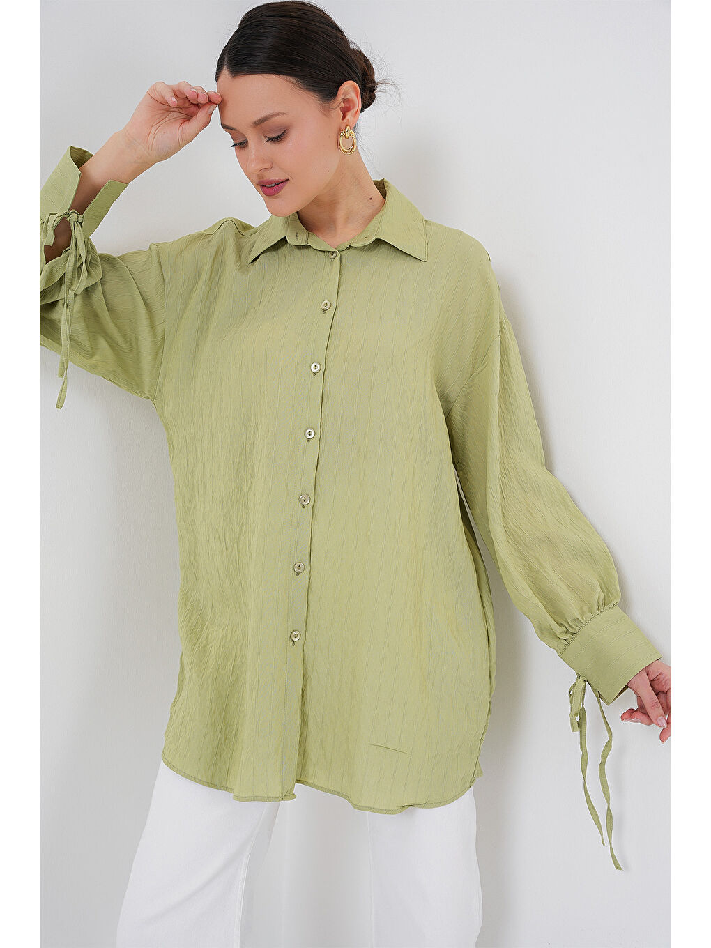 Kadın Oversize Bağcıklı Gömlek 5954 - E.Yeşil-3
