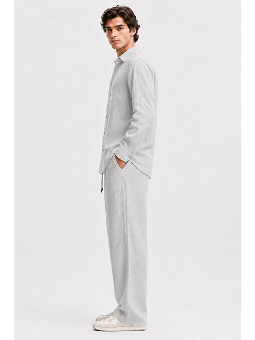 Erkek Gri Regular Fit Müslin Pantolon-3