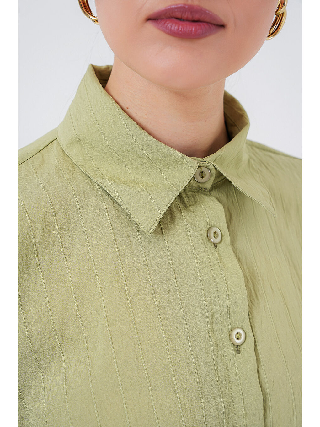 Kadın Oversize Bağcıklı Gömlek 5954 - E.Yeşil-5