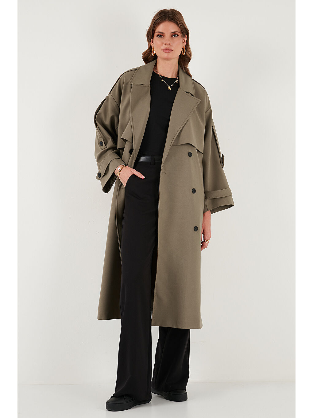 Bej Oversize Fit Kruvaze Yaka Düğmeli Kemerli Uzun Trençkot 6839476