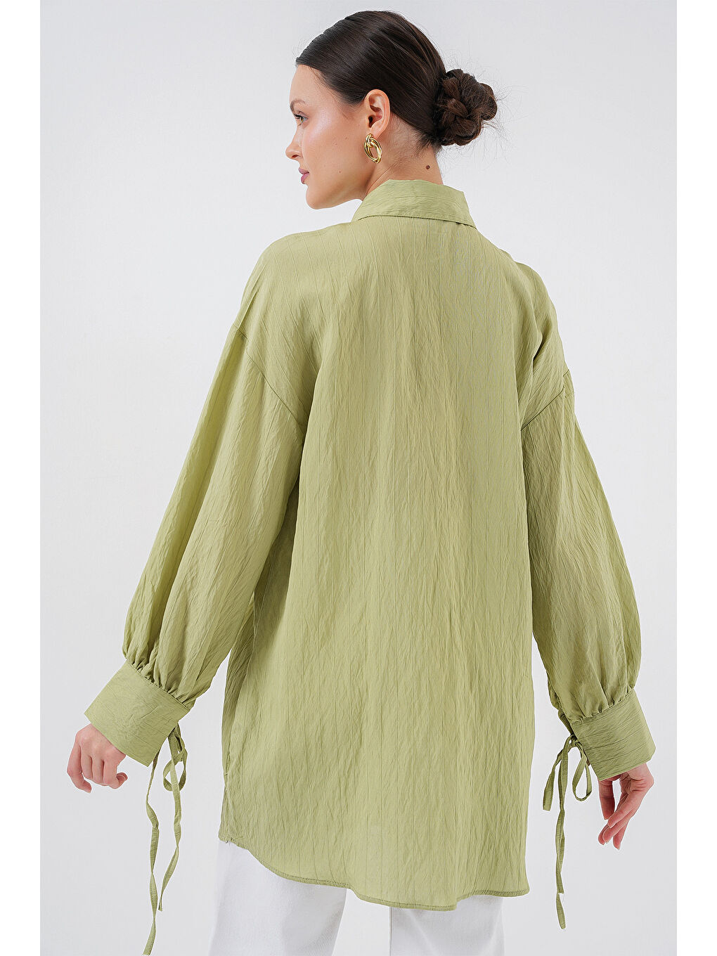 Kadın Oversize Bağcıklı Gömlek 5954 - E.Yeşil-6