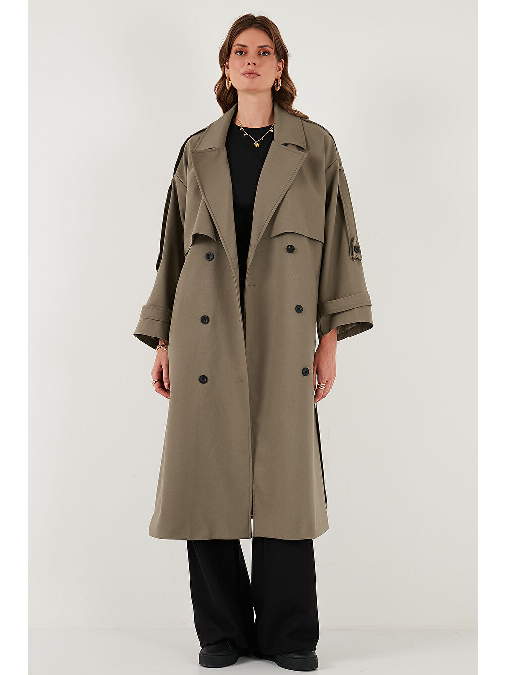 Bej Oversize Fit Kruvaze Yaka Düğmeli Kemerli Uzun Trençkot 6839476-1