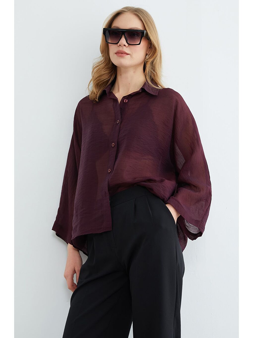 Mürdüm Jakarlı Kapri Kol Transparan Gömlek-1