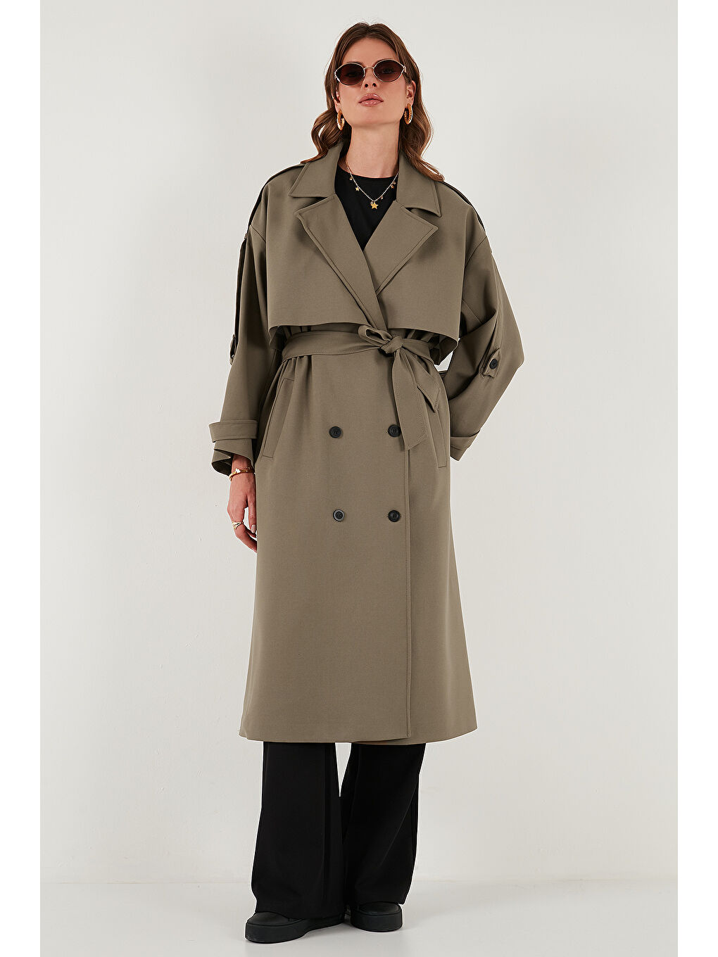 Bej Oversize Fit Kruvaze Yaka Düğmeli Kemerli Uzun Trençkot 6839476-2