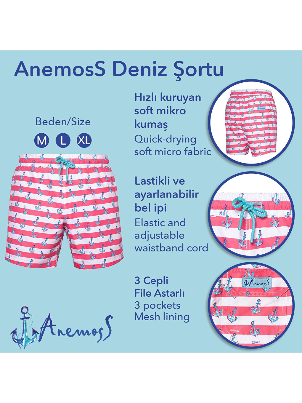 Karışık Çapa Üç Cepli İçi Fileli Bel Lastik ve Bağlama İpli Erkek Deniz Şortu-3