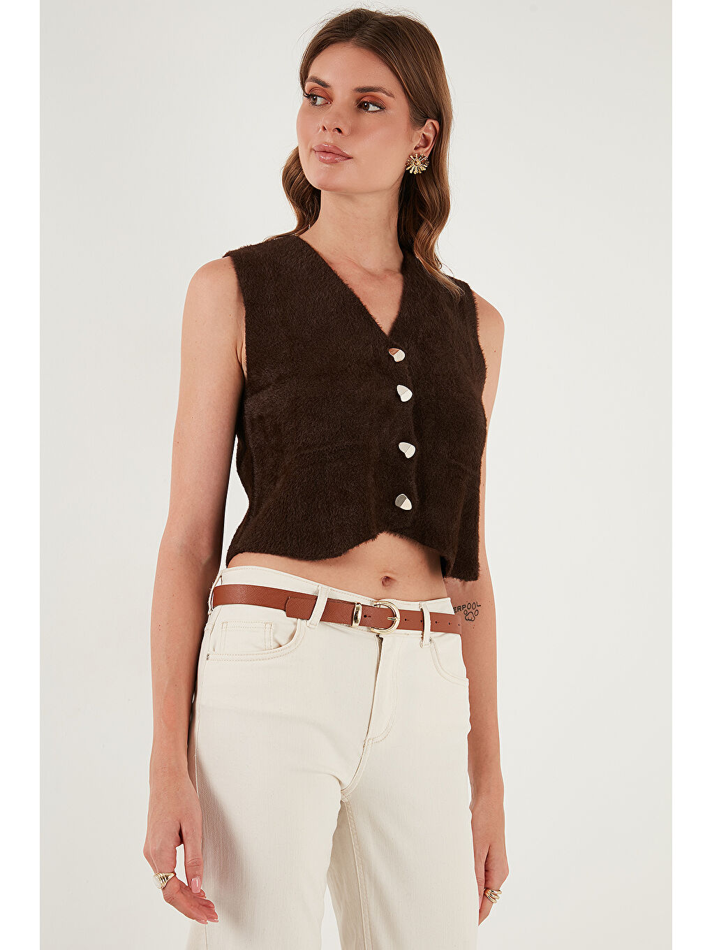 Kahverengi Regular Fit V Yaka Yumuşak Dokulu Düğmeli Yelek 4615241-2