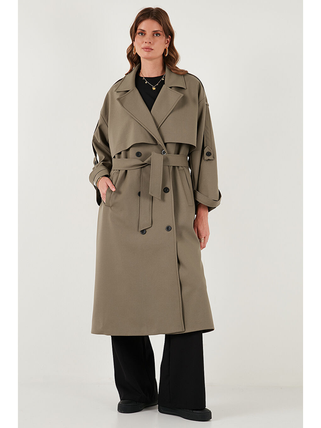 Bej Oversize Fit Kruvaze Yaka Düğmeli Kemerli Uzun Trençkot 6839476-3