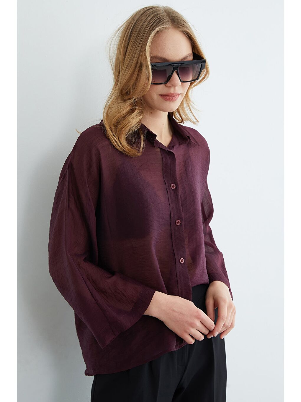 Mürdüm Jakarlı Kapri Kol Transparan Gömlek-2