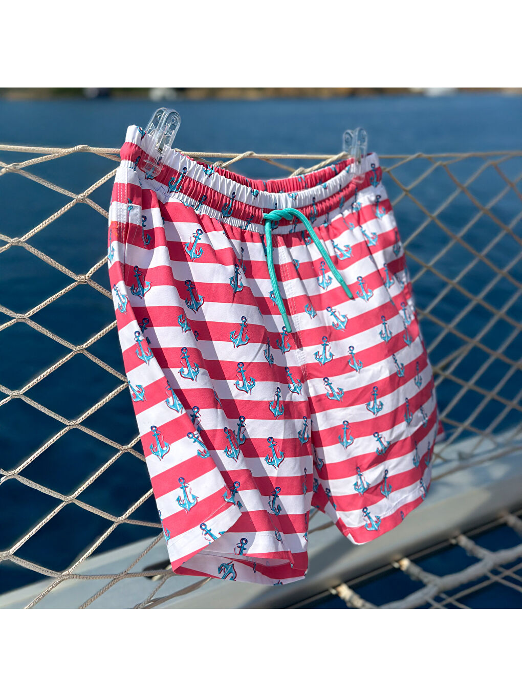 Karışık Çapa Üç Cepli İçi Fileli Bel Lastik ve Bağlama İpli Erkek Deniz Şortu-4