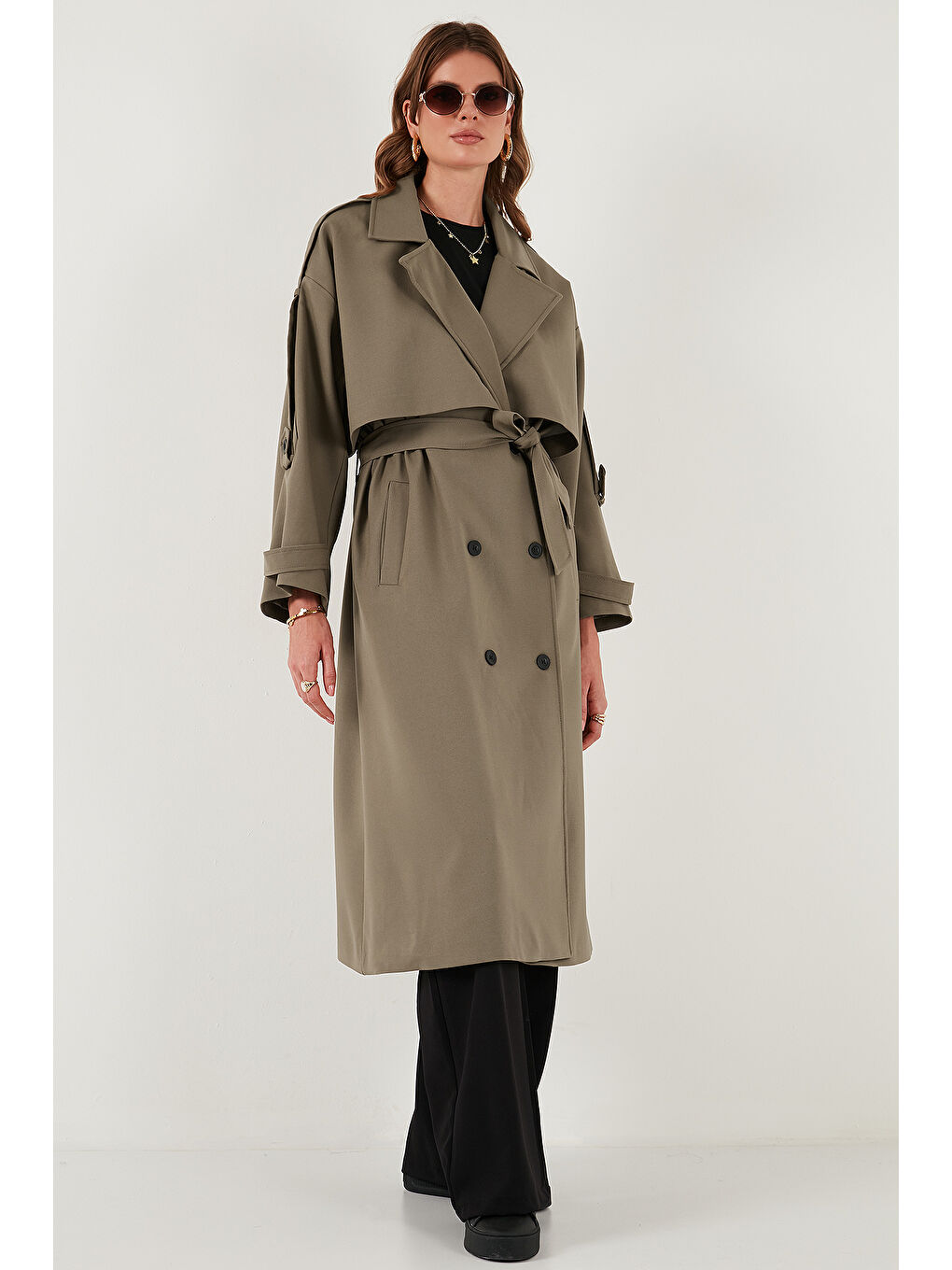 Bej Oversize Fit Kruvaze Yaka Düğmeli Kemerli Uzun Trençkot 6839476-4