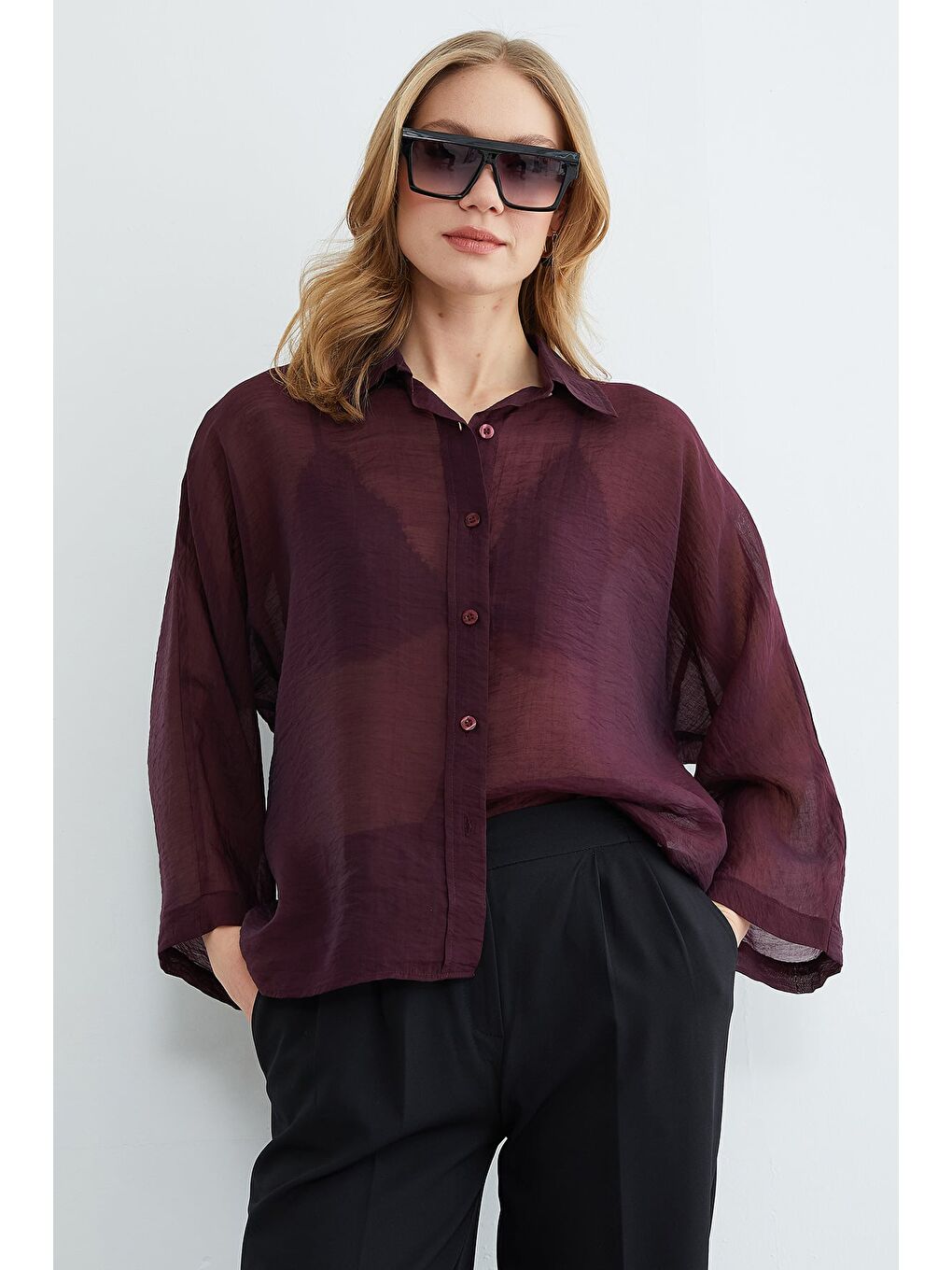 Mürdüm Jakarlı Kapri Kol Transparan Gömlek-3