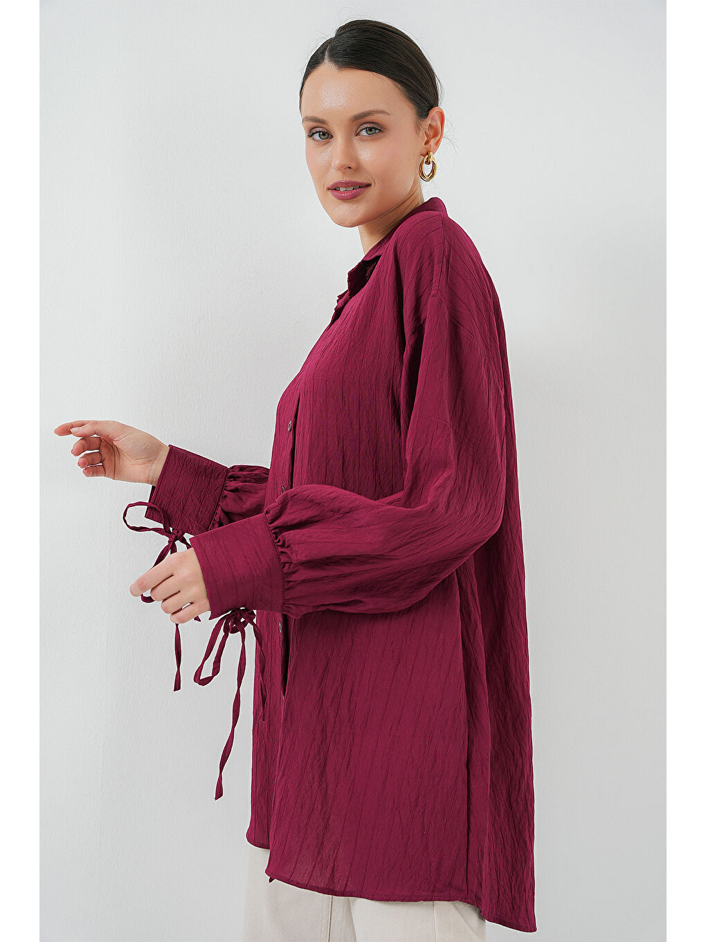 Kadın Oversize Bağcıklı Gömlek 5954 - Bordo-1