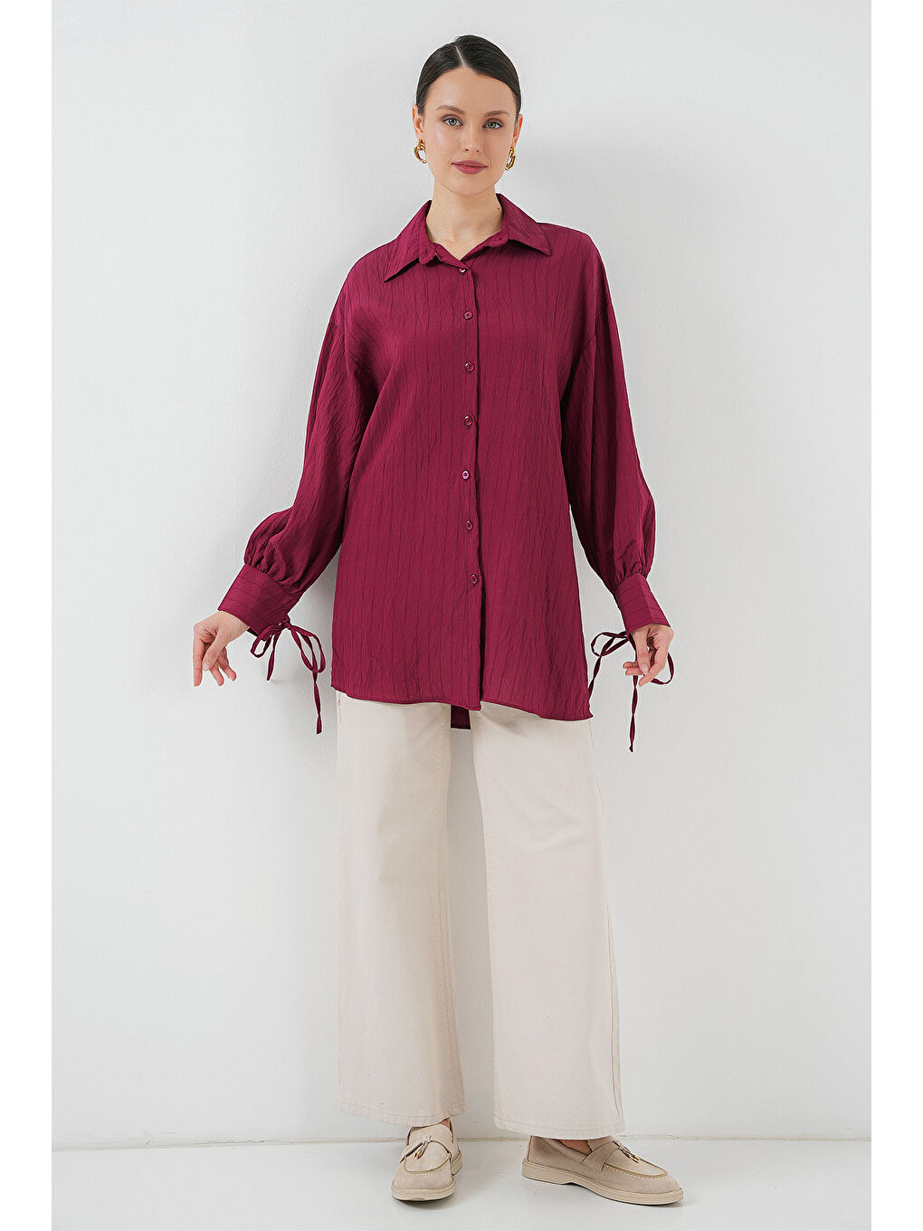 Kadın Oversize Bağcıklı Gömlek 5954 - Bordo-2