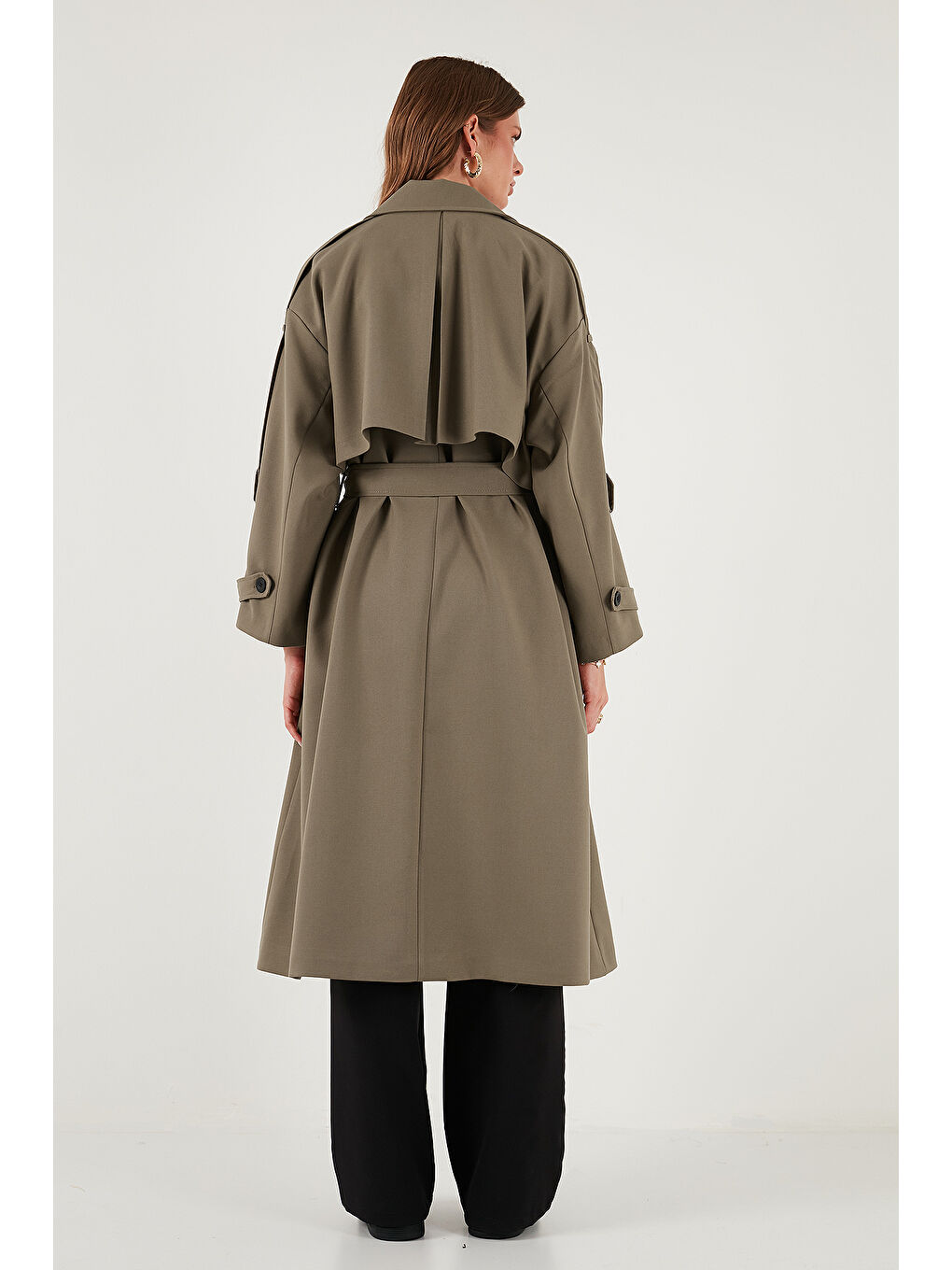 Bej Oversize Fit Kruvaze Yaka Düğmeli Kemerli Uzun Trençkot 6839476-6