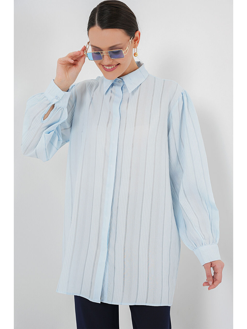 Çizgili Uzun Gömlek Tunik 5947 - Mavi