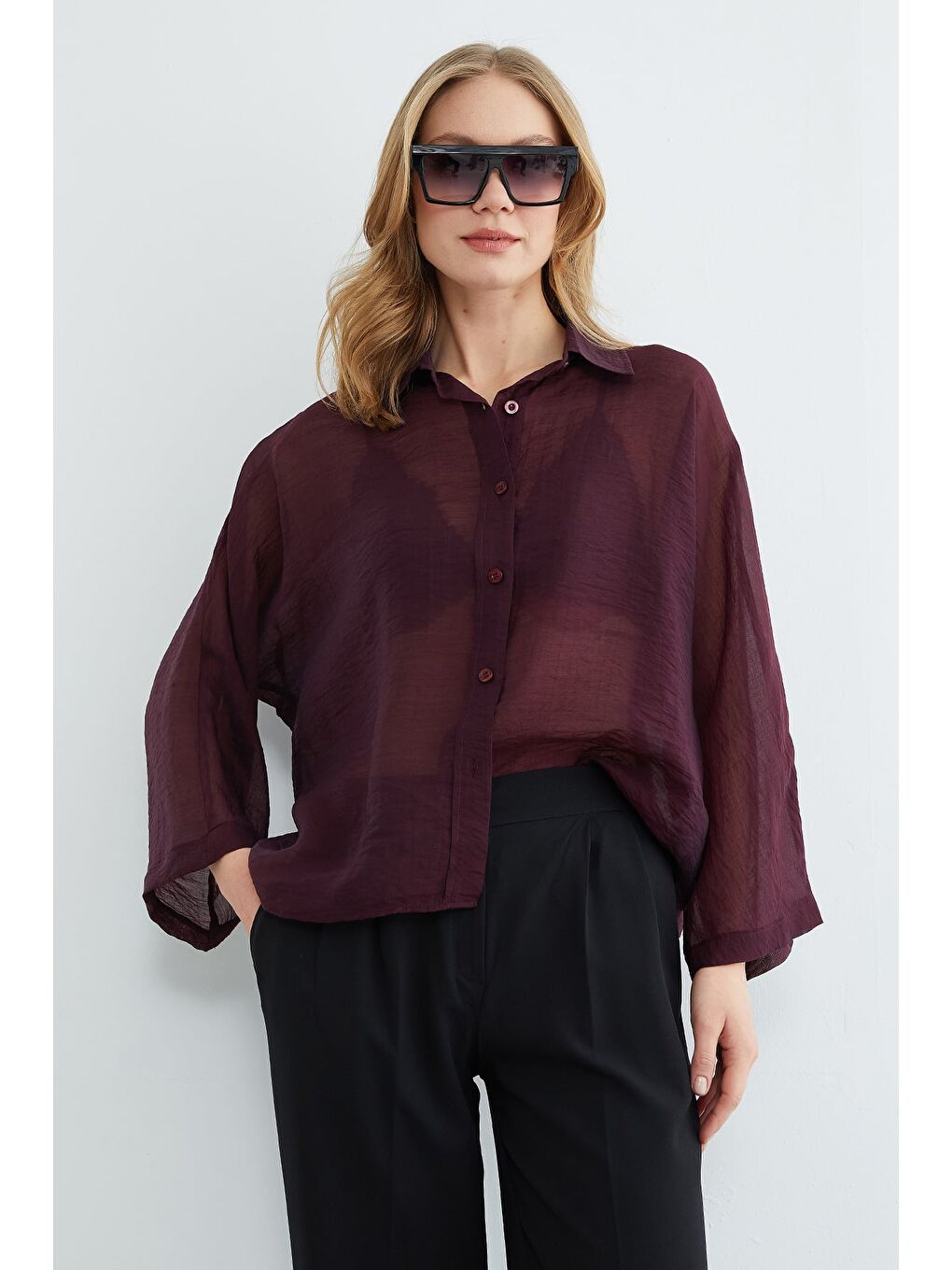 Mürdüm Jakarlı Kapri Kol Transparan Gömlek-4