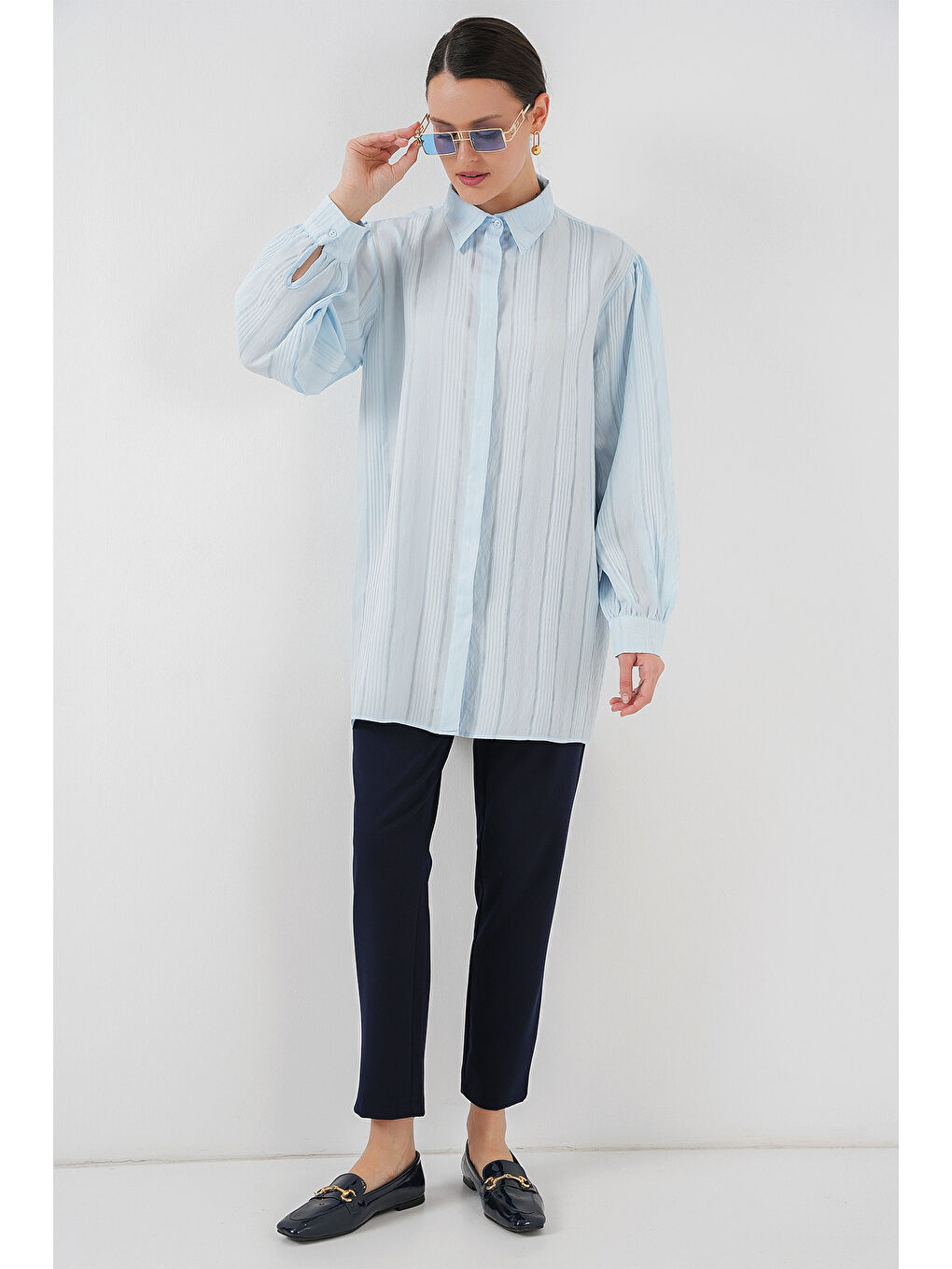 Çizgili Uzun Gömlek Tunik 5947 - Mavi-1