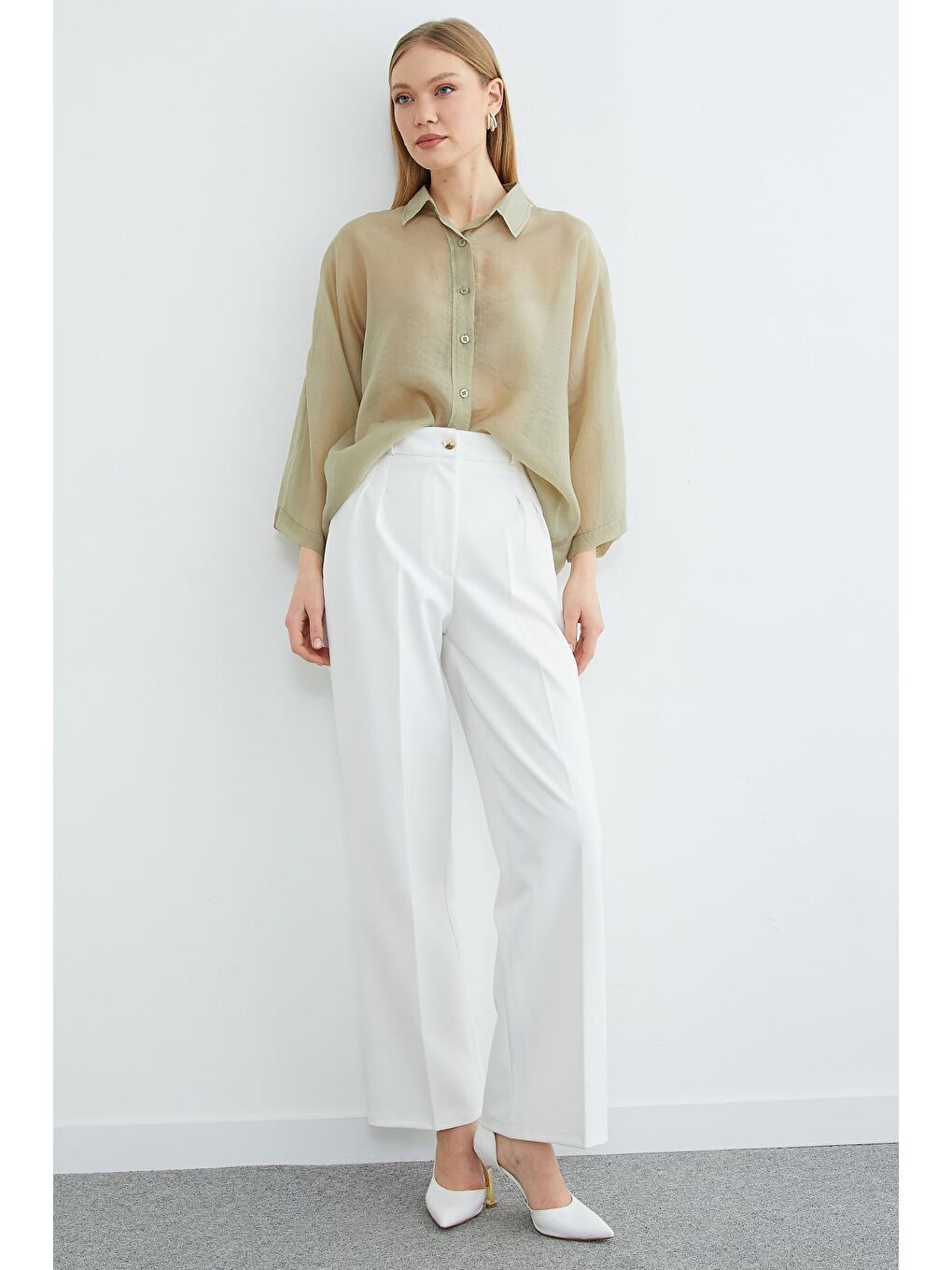 Yeşil Jakarlı Kapri Kol Transparan Gömlek-1