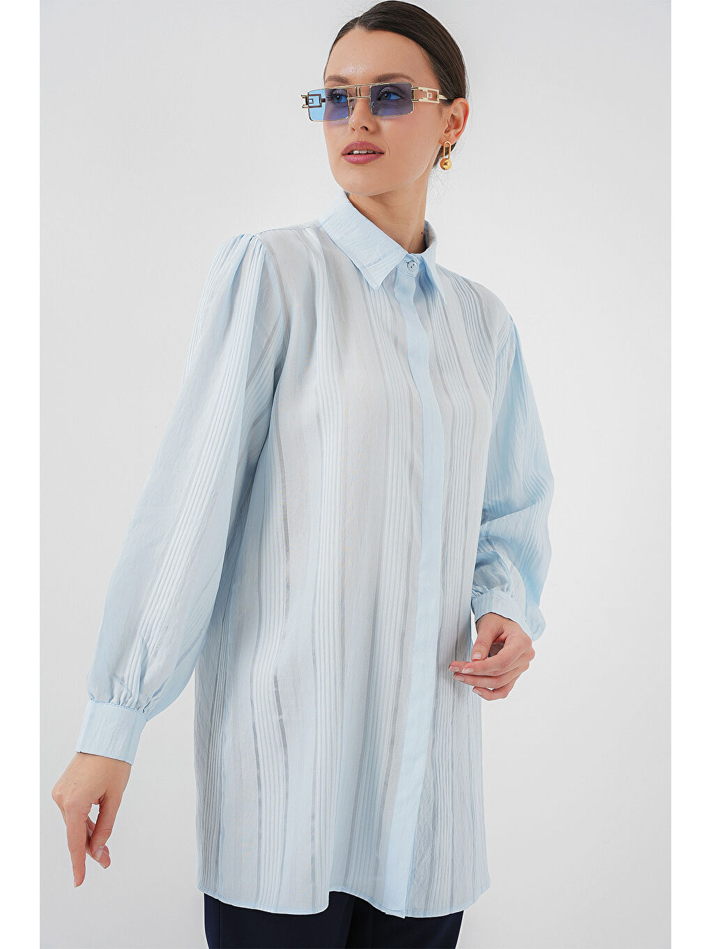 Çizgili Uzun Gömlek Tunik 5947 - Mavi-2