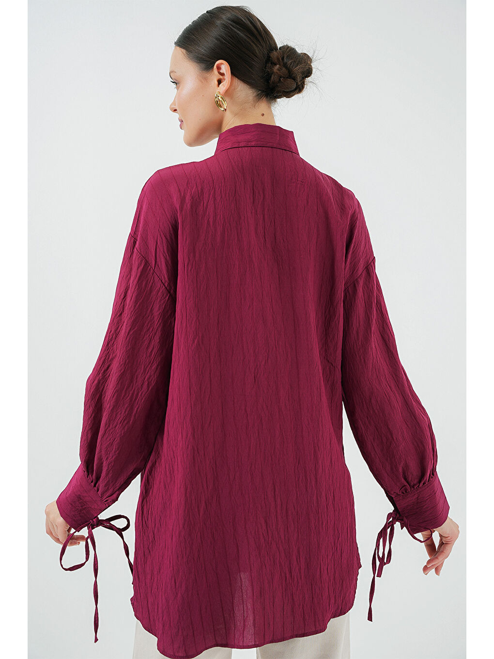 Kadın Oversize Bağcıklı Gömlek 5954 - Bordo-5