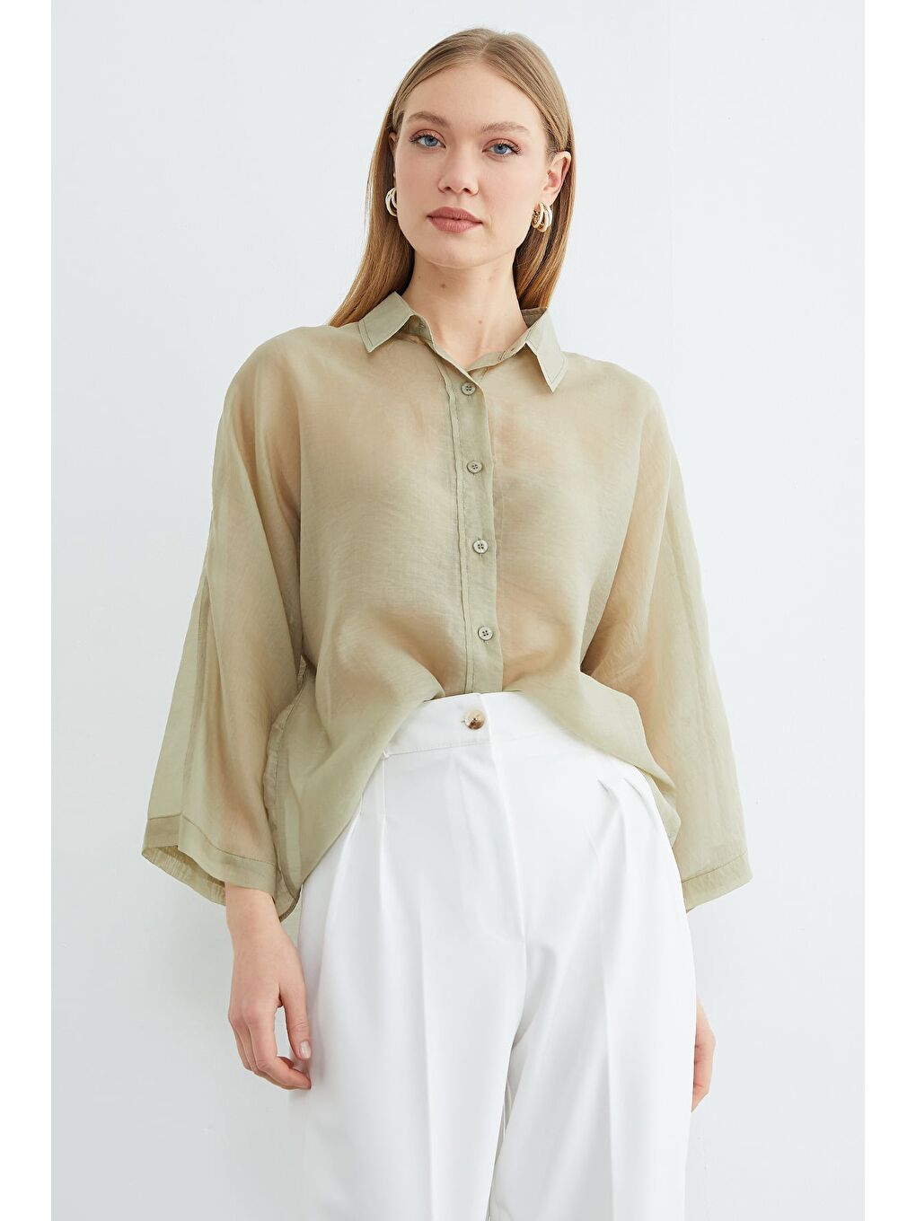 Yeşil Jakarlı Kapri Kol Transparan Gömlek-2