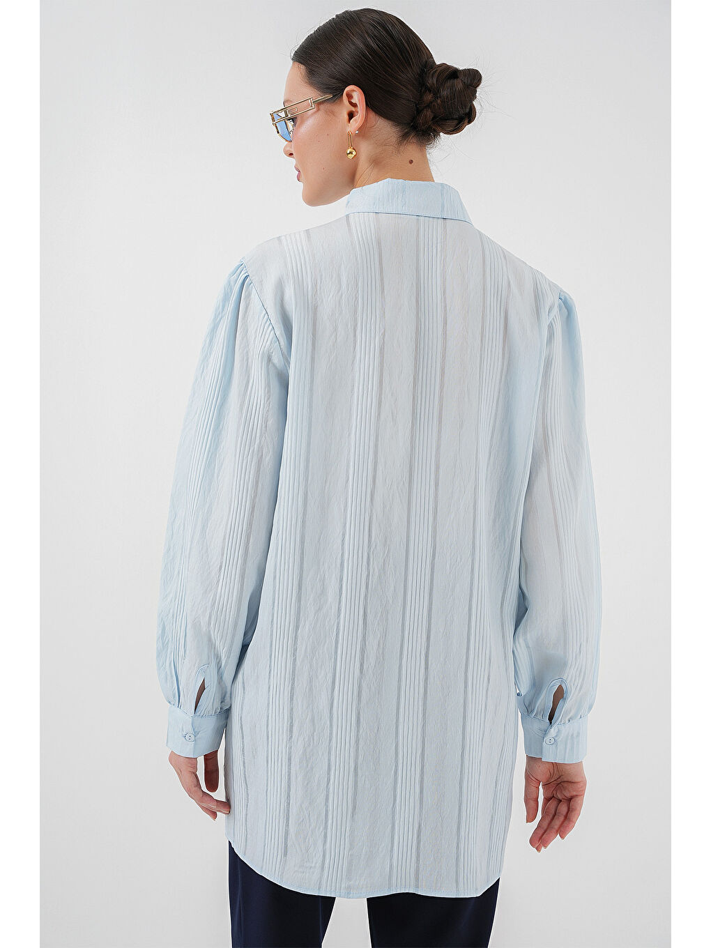 Çizgili Uzun Gömlek Tunik 5947 - Mavi-4