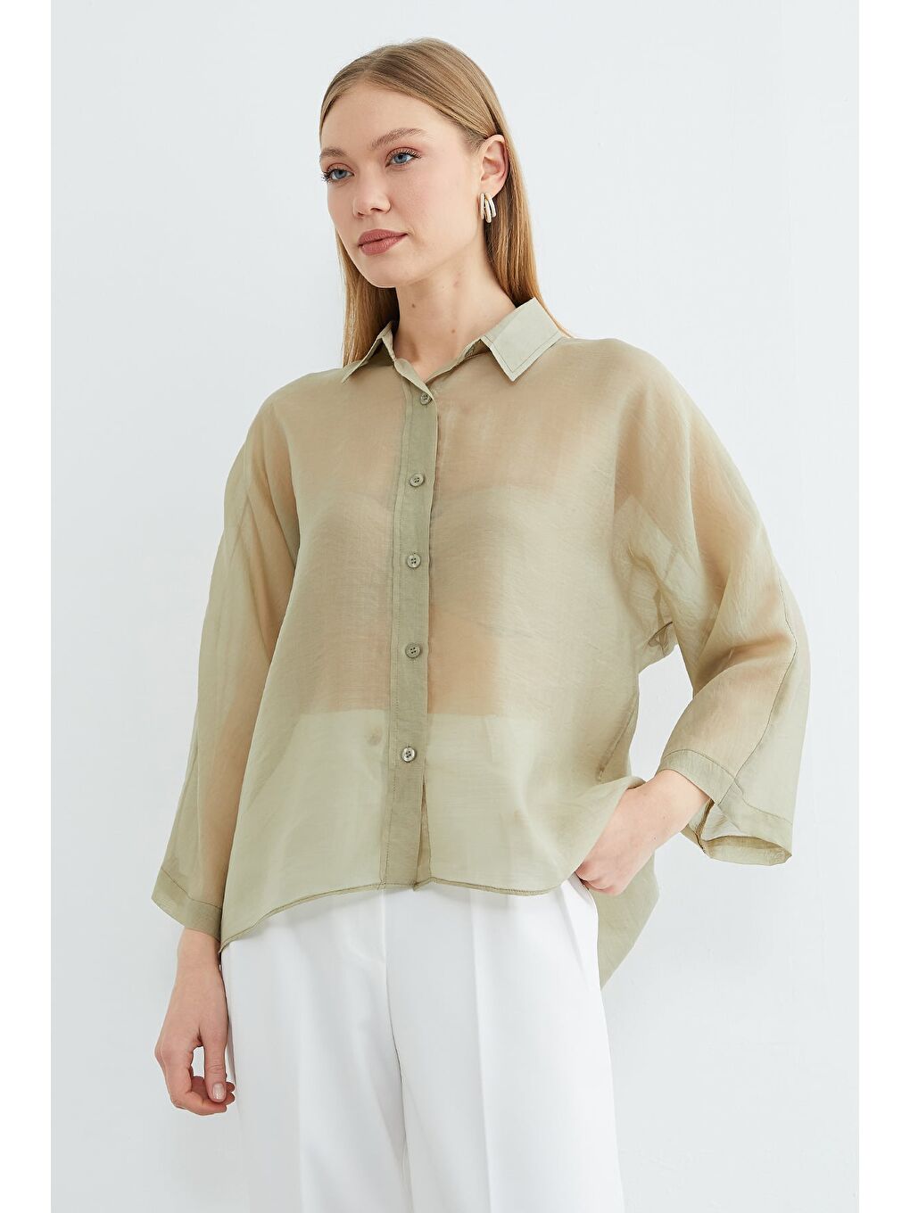 Yeşil Jakarlı Kapri Kol Transparan Gömlek-3