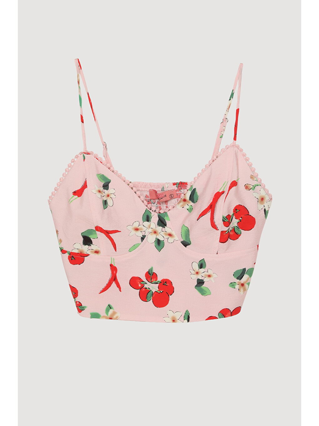 Domates Desenli Askılı Crop Bluz Pembe